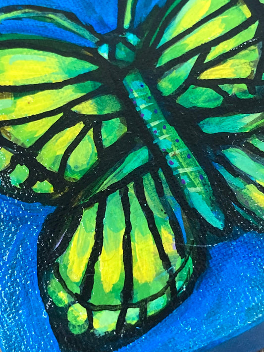 PAINTING- Butterfly on dark blue 4"/10cm square mini original painting of a butterfly w blue background, by Adriana Bergstrom