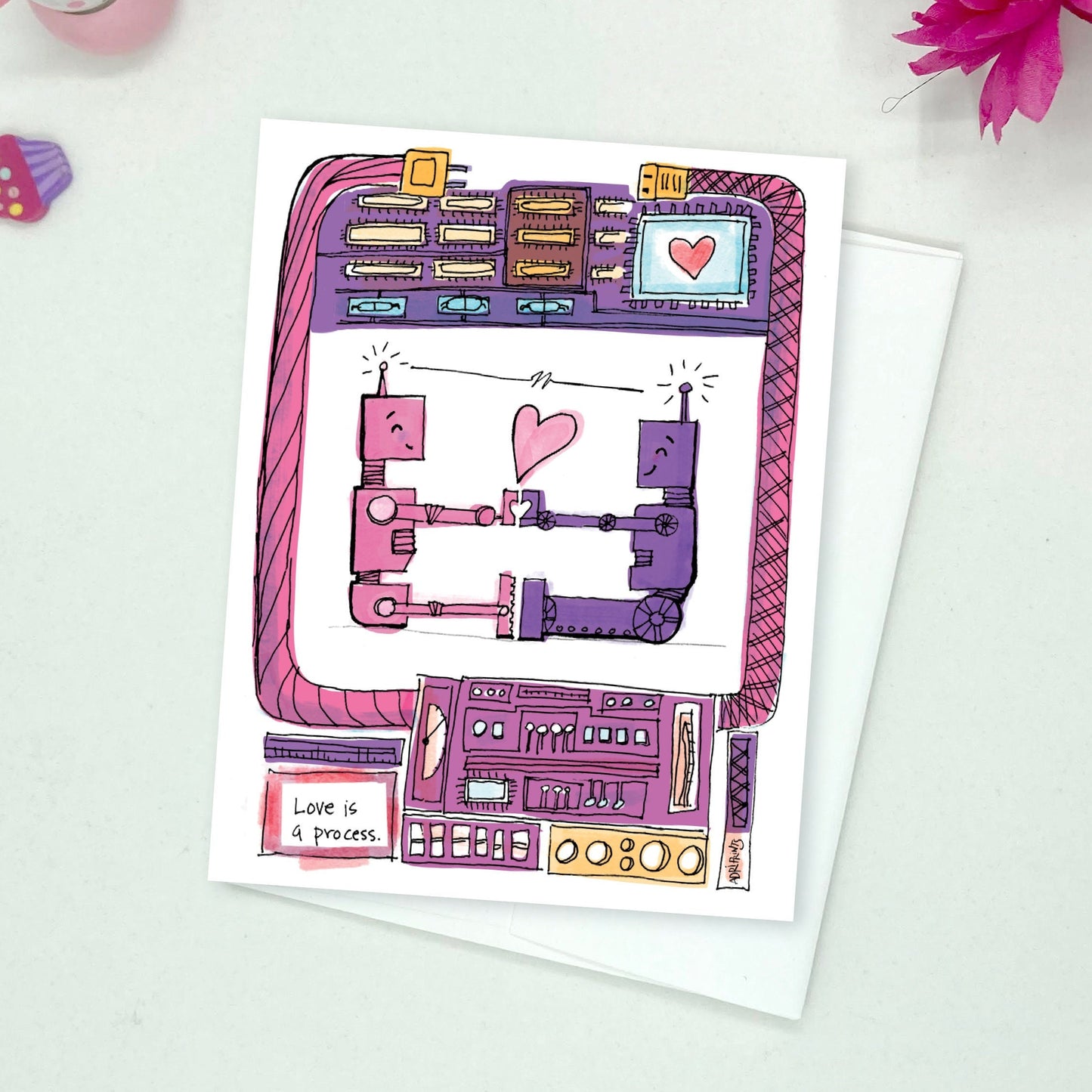 LOVE - Robots Connection - Greeting Card for Them, Anniversary, Valentine's Day, eco-friendly notecards by Adriana Bergstrom (Adriprints)