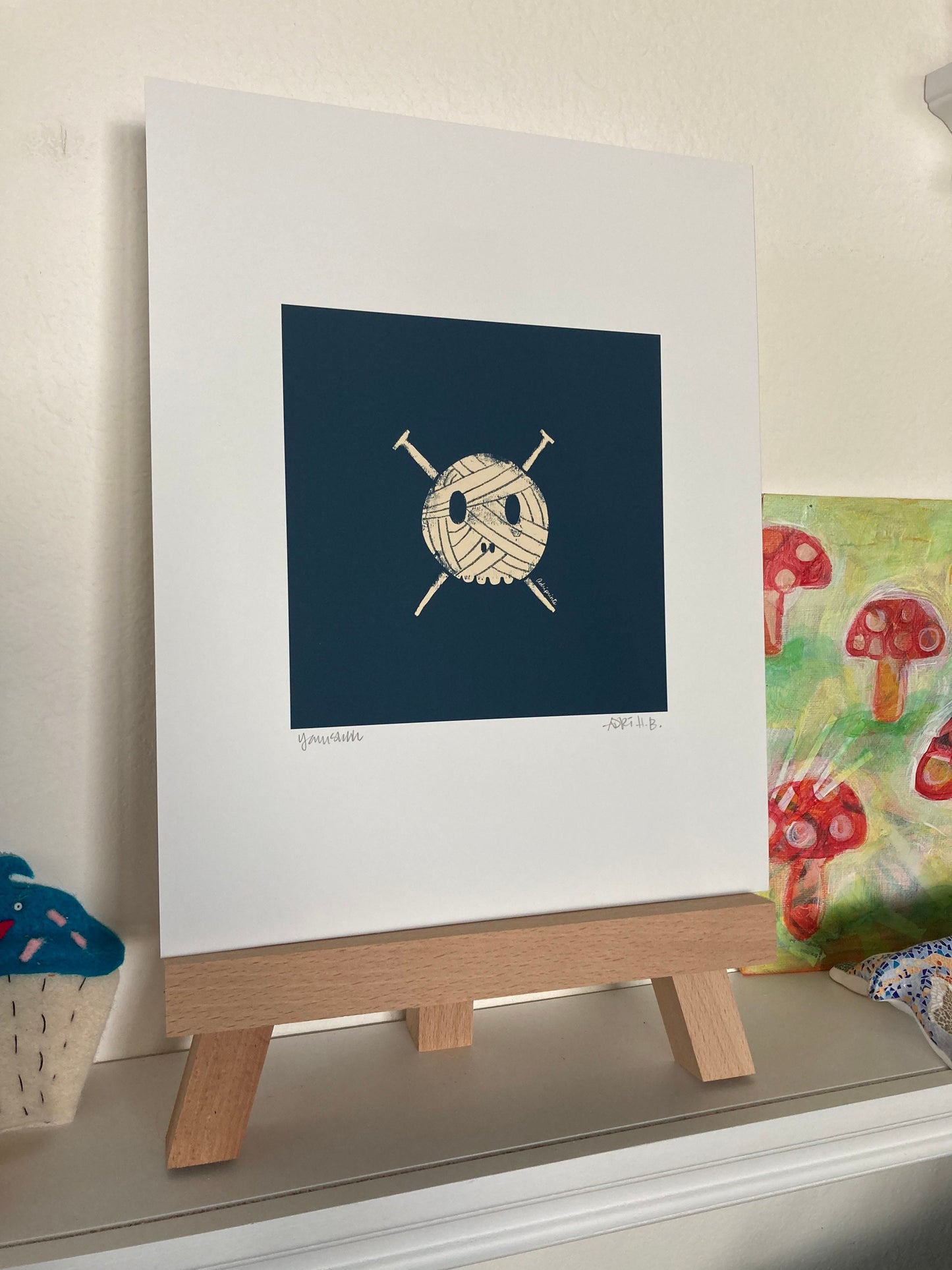 PRINT - Knitting Yarn Skull and Crossbones art print featuring art by Adriana Bergstrom (Adriprints)