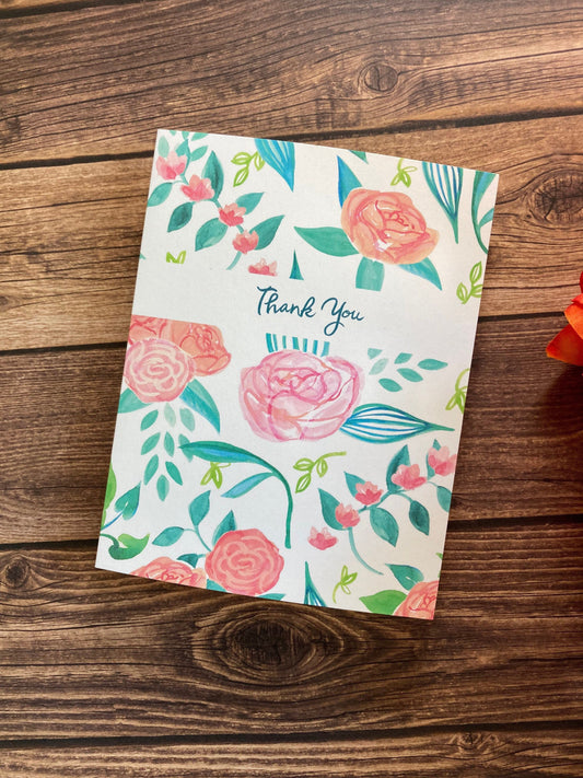 THANKS - Pink and Aqua Florals - bouquet, flowers, anytime appreciation, Eco-Friendly Notecards by Adriana Bergstrom (Adriprints)