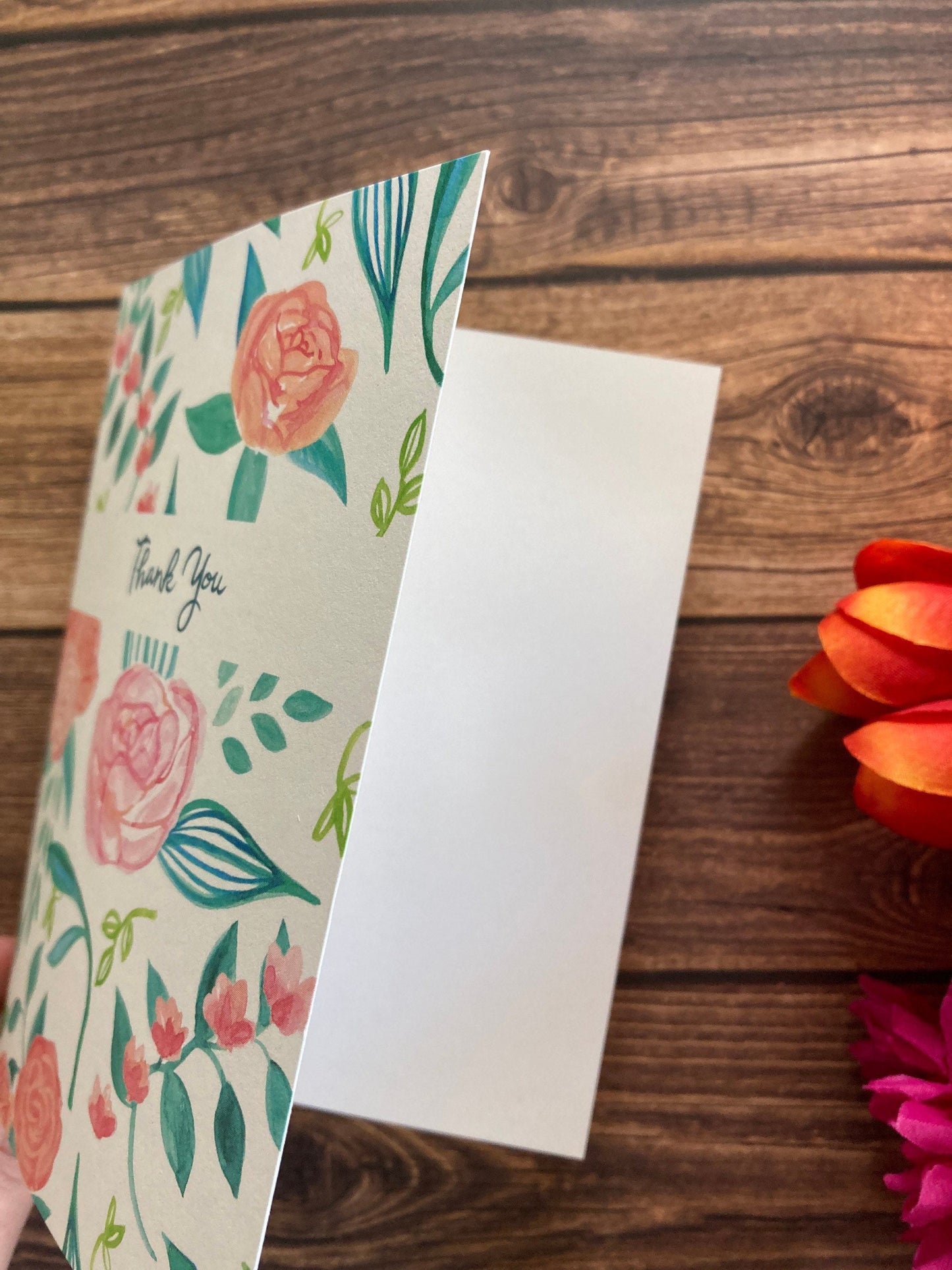 THANKS - Pink and Aqua Florals - bouquet, flowers, anytime appreciation, Eco-Friendly Notecards by Adriana Bergstrom (Adriprints)
