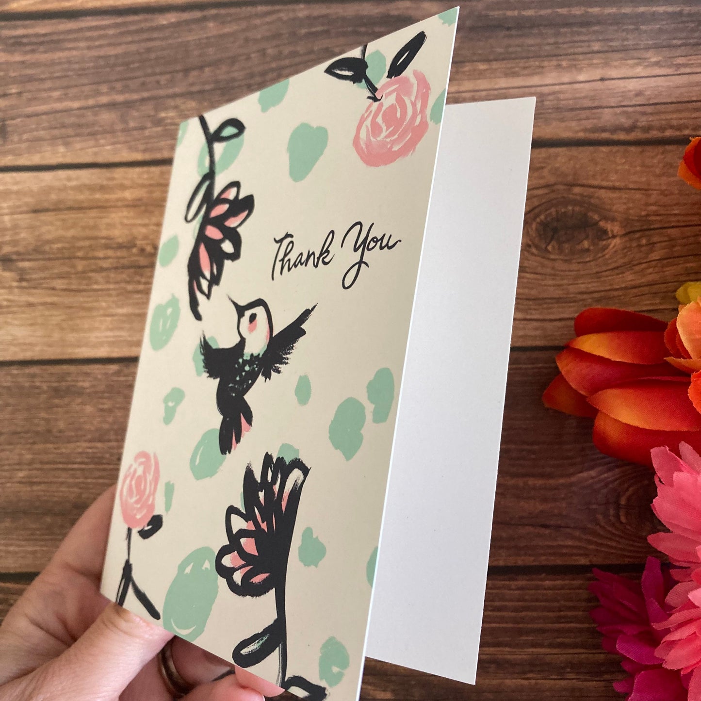 THANKS - Navy and Pink Hummingbird Notecard - appreciation, gratitude, Eco-Friendly Notecards by Adriana Bergstrom (Adriprints)