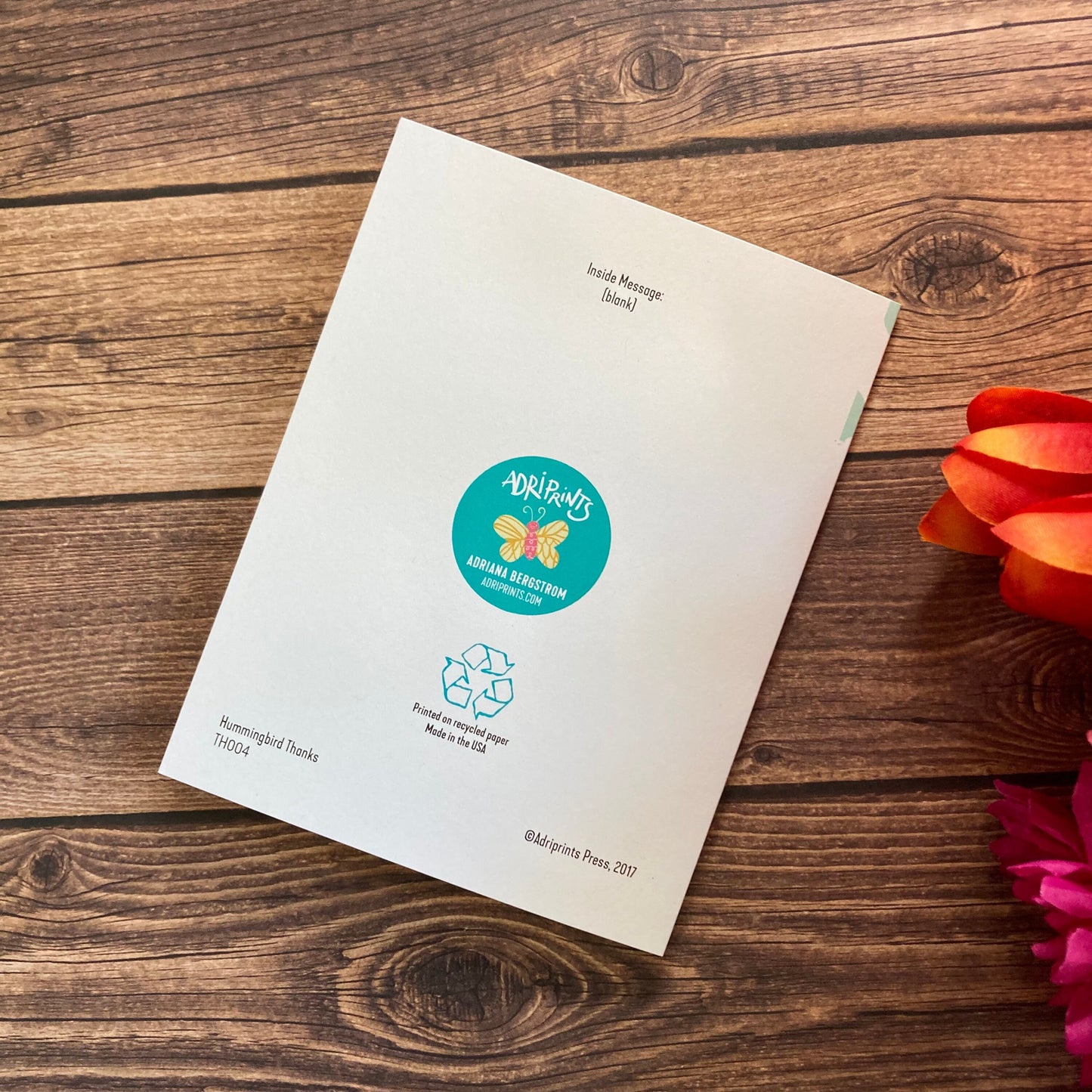 THANKS - Navy and Pink Hummingbird Notecard - appreciation, gratitude, Eco-Friendly Notecards by Adriana Bergstrom (Adriprints)