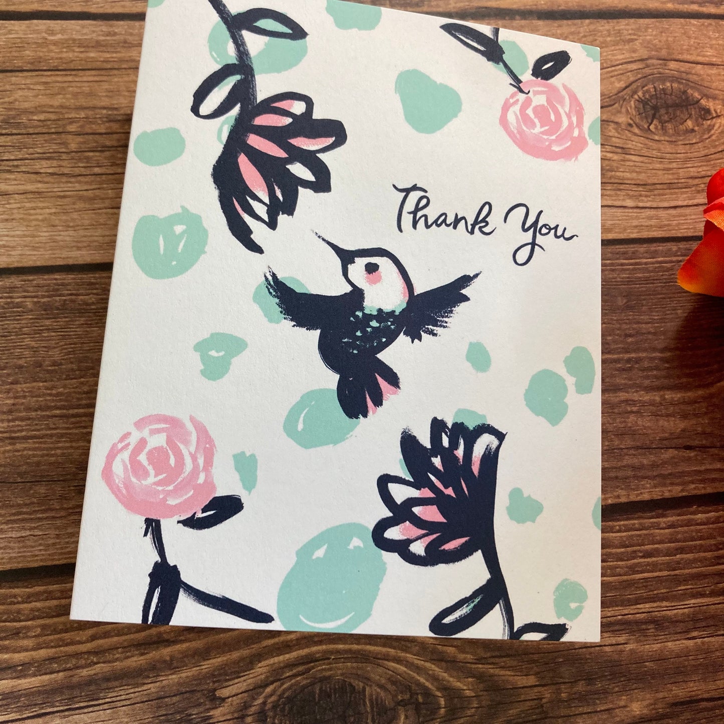 THANKS - Navy and Pink Hummingbird Notecard - appreciation, gratitude, Eco-Friendly Notecards by Adriana Bergstrom (Adriprints)