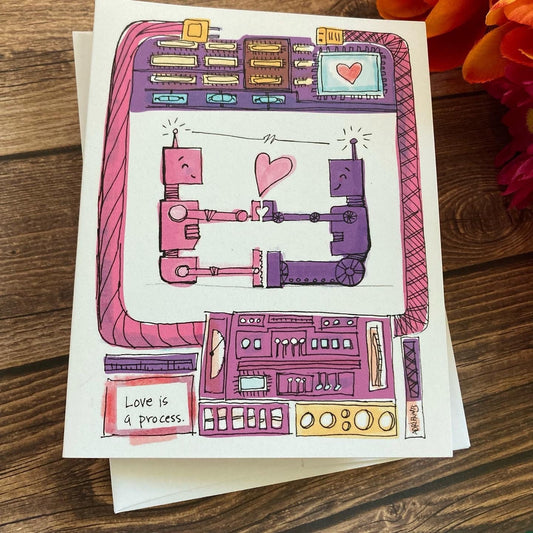LOVE - Robots Connection - Greeting Card for Them, Anniversary, Valentine's Day, eco-friendly notecards by Adriana Bergstrom (Adriprints)