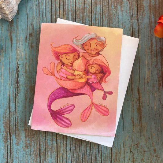 LOVE - Mermaid Family - Greeting Card for Mom, Sister, Grandma, Friends, eco-friendly notecards by Adriana Bergstrom (Adriprints)