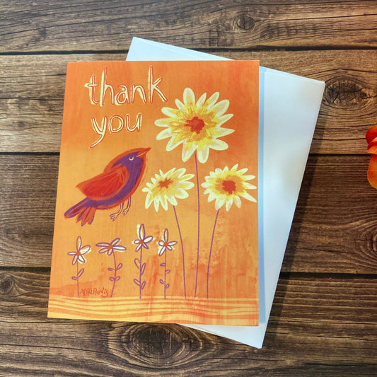 THANKS - Sunflower and Bird Thank You Card with envelope, appreciation, gratitude, stationery, art by Adriana Bergstrom (Adriprints)