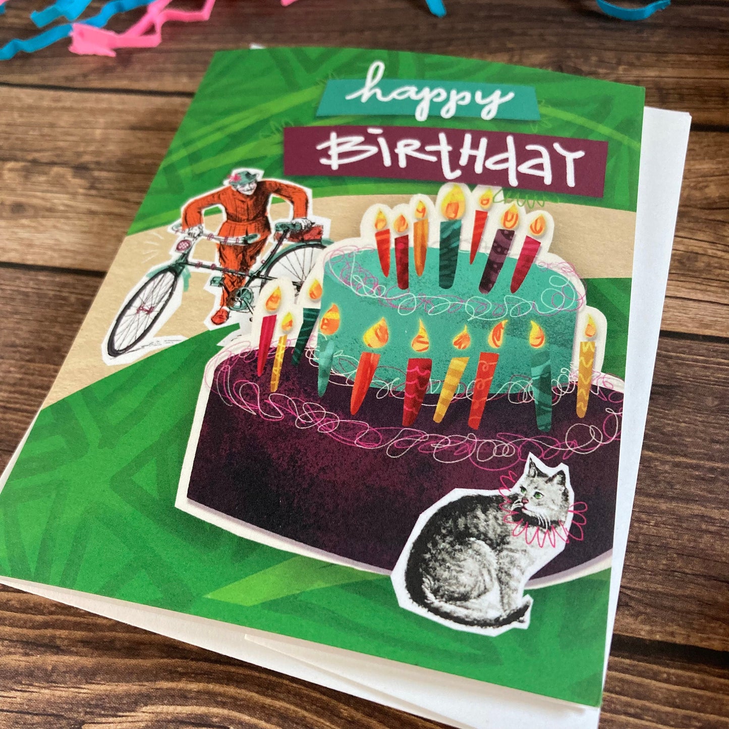 BIRTHDAY - Bike and Cat birthday card - featuring collage art by Adriana Bergstrom