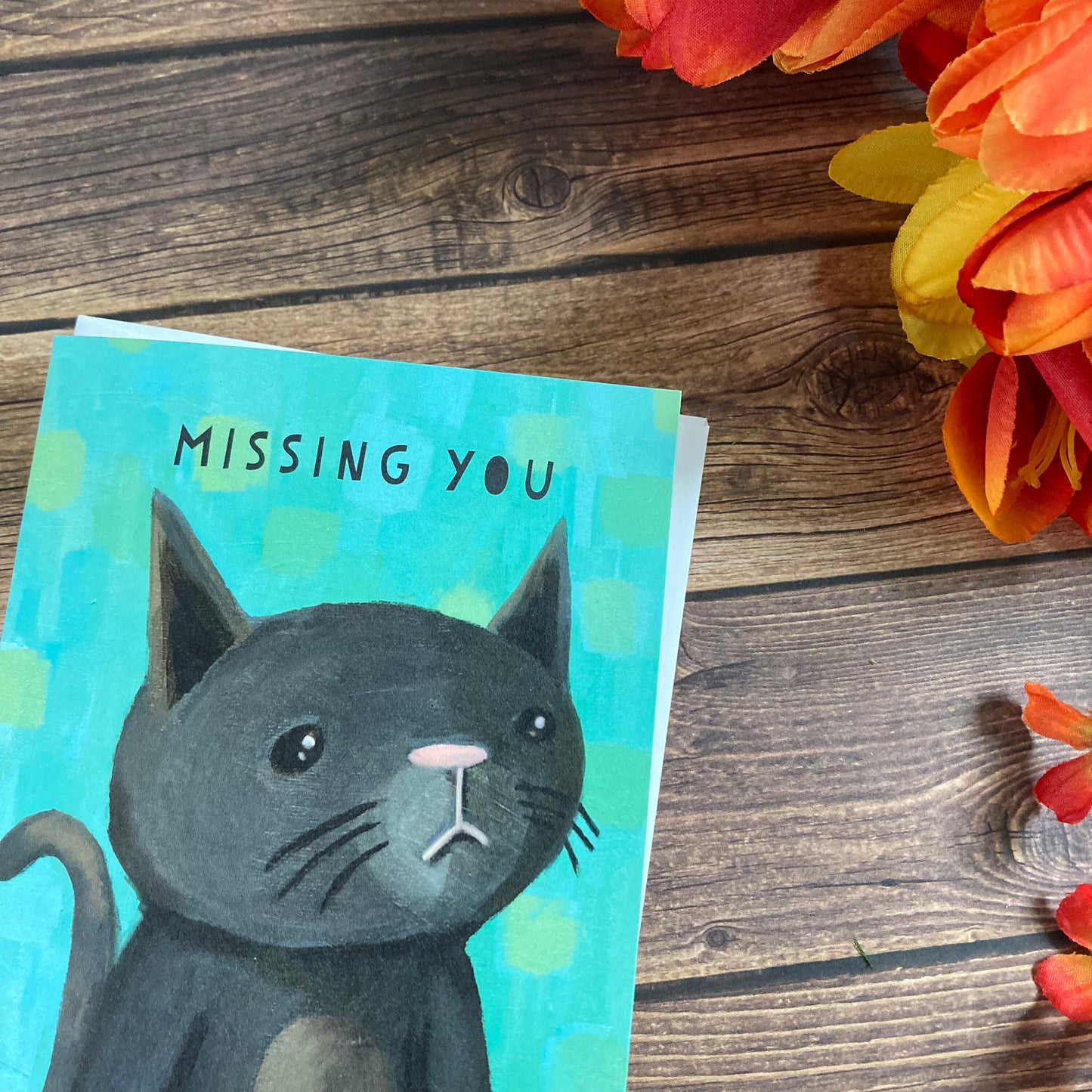 EVERYDAY - Miss You Cat Notecard featuring wistful grey cat art by Adriana Bergstrom