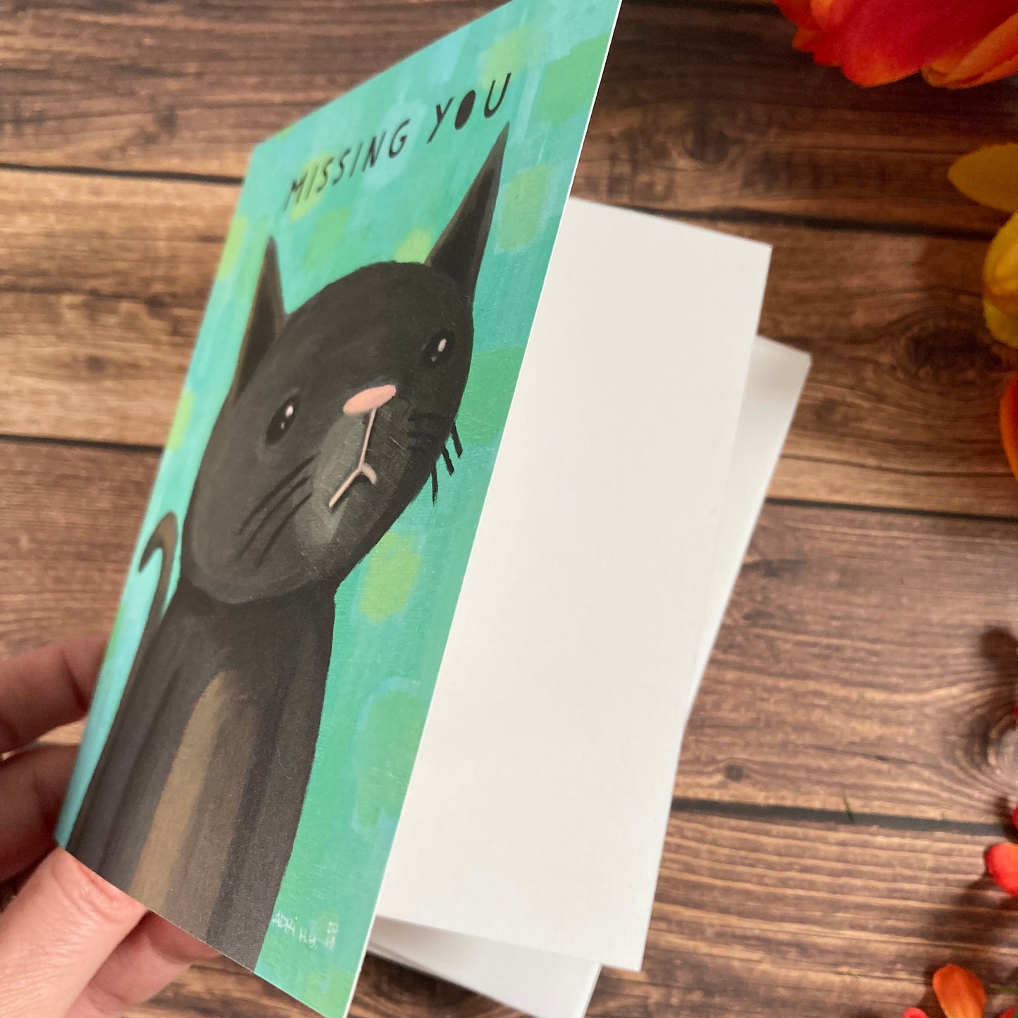 EVERYDAY - Miss You Cat Notecard featuring wistful grey cat art by Adriana Bergstrom