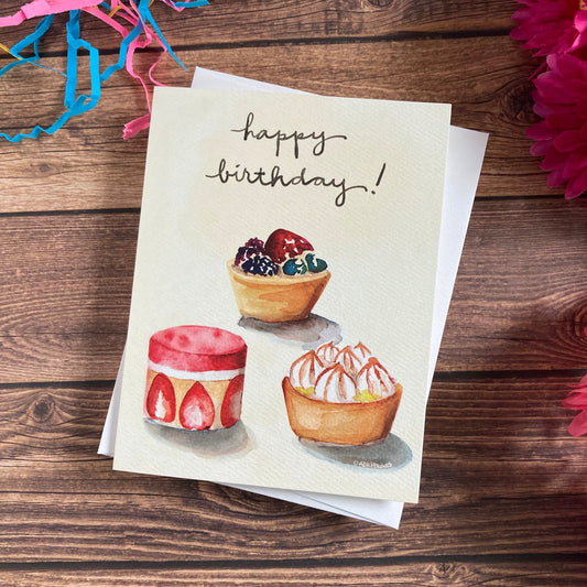 BIRTHDAY - Fruit Tarts Petit Fours Birthday card - watercolor art by Adriana Bergstrom