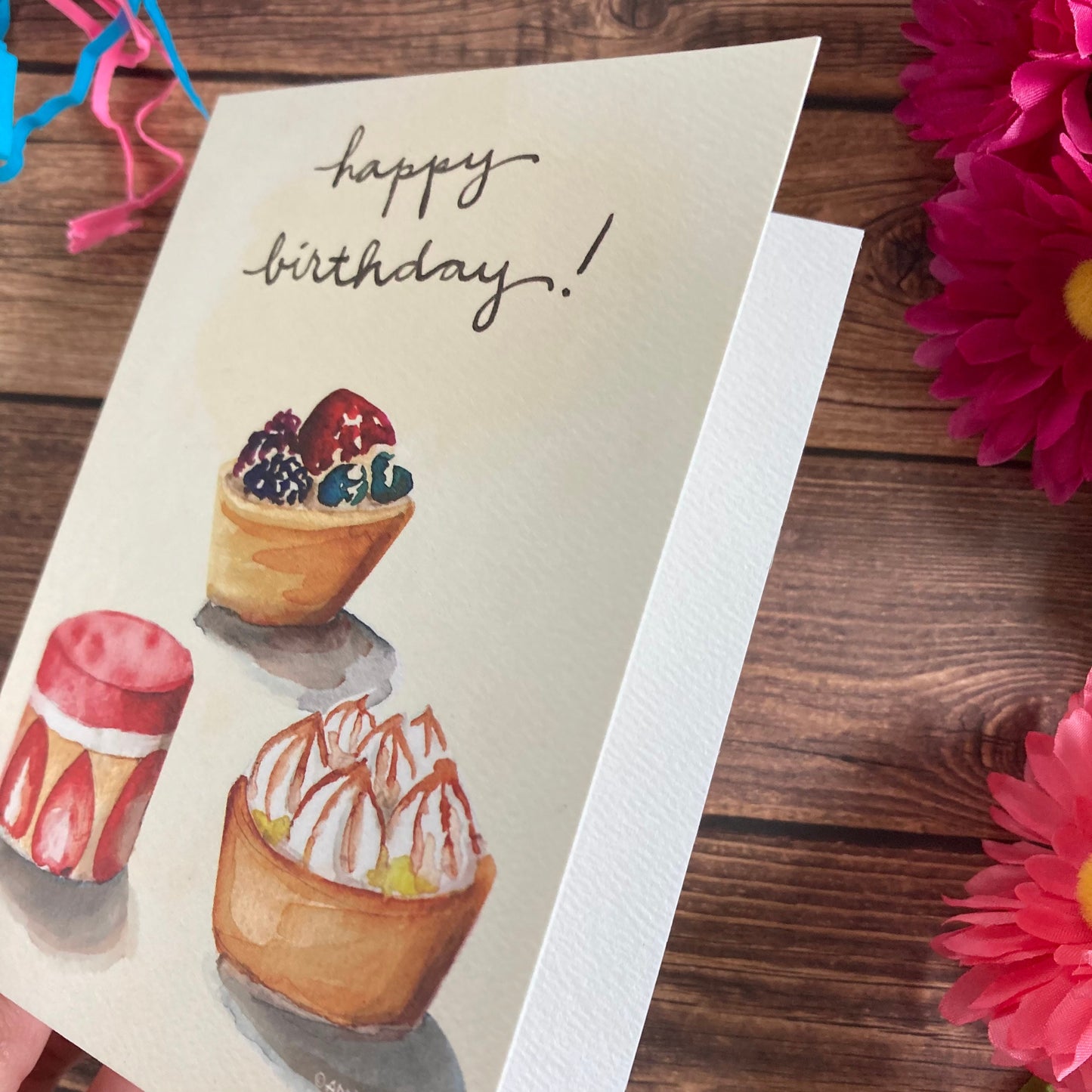 BIRTHDAY - Fruit Tarts Petit Fours Birthday card - watercolor art by Adriana Bergstrom