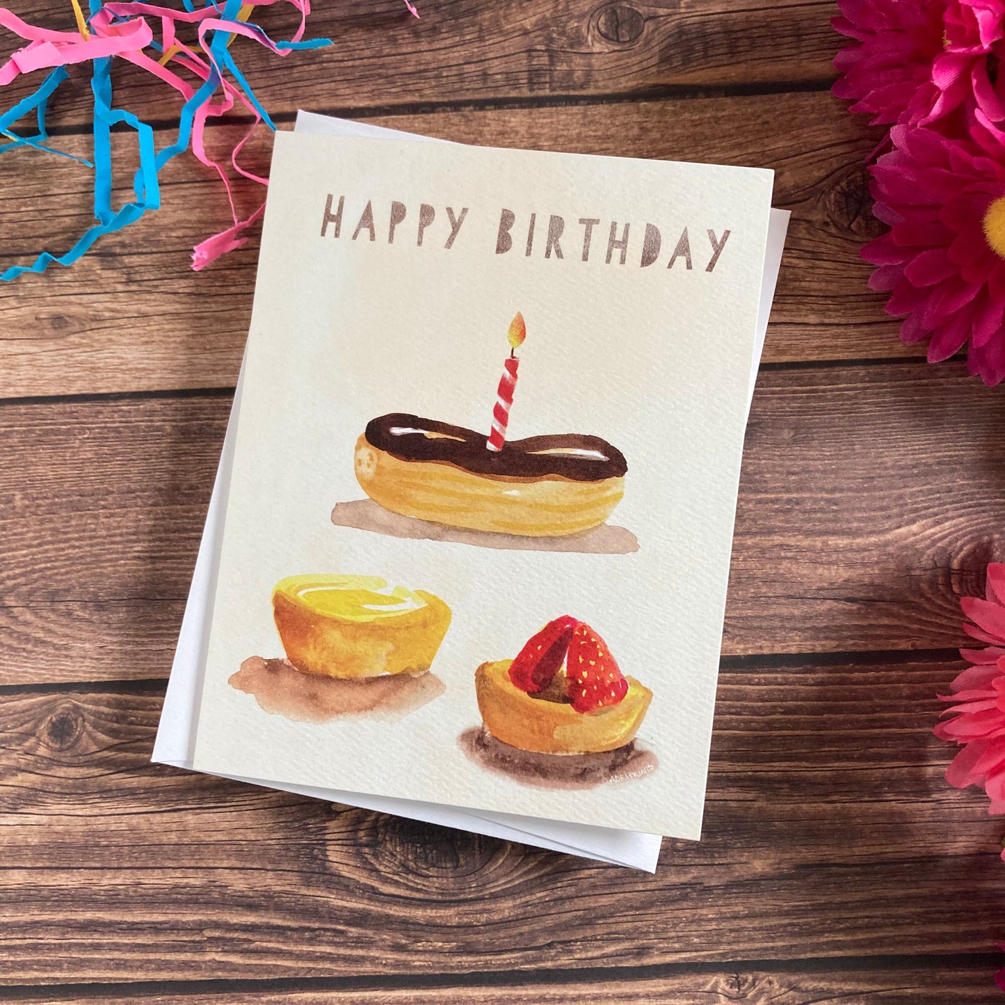 BIRTHDAY - Petit Fours Chocolate Eclair Birthday card - watercolor art by Adriana Bergstrom