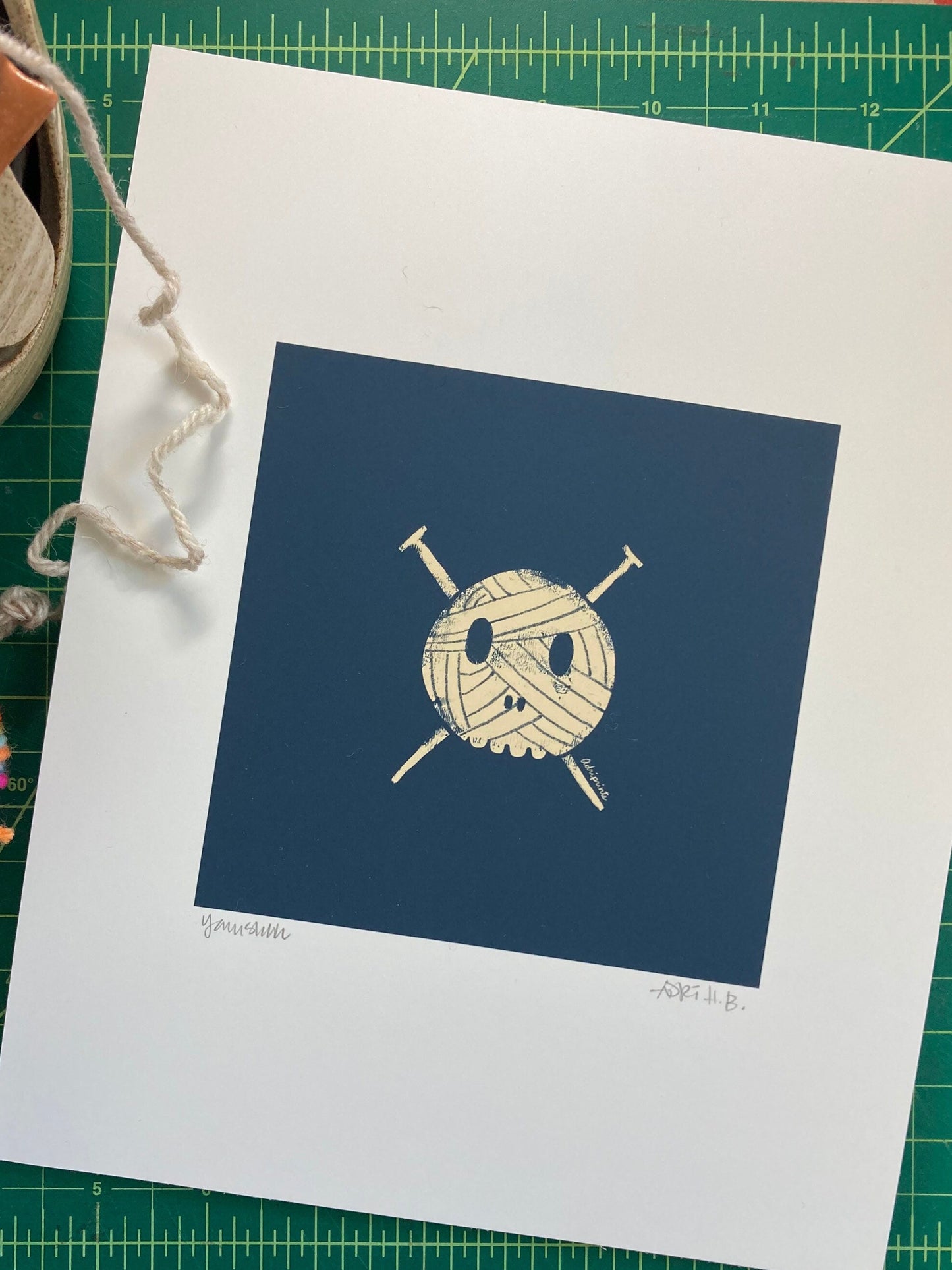 PRINT - Knitting Yarn Skull and Crossbones art print featuring art by Adriana Bergstrom (Adriprints)