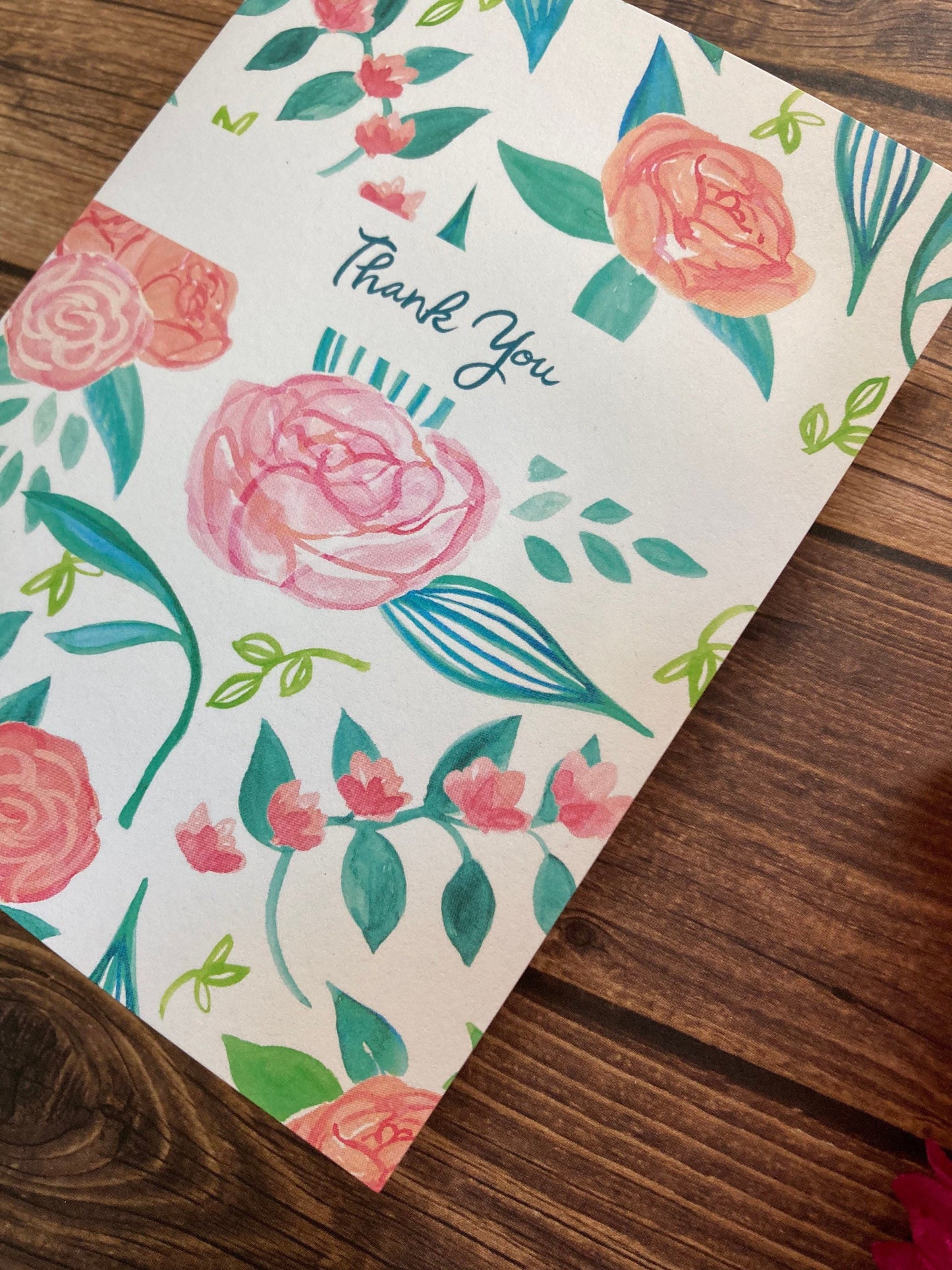 THANKS - Pink and Aqua Florals - bouquet, flowers, anytime appreciation, Eco-Friendly Notecards by Adriana Bergstrom (Adriprints)