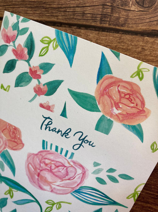 THANKS - Pink and Aqua Florals - bouquet, flowers, anytime appreciation, Eco-Friendly Notecards by Adriana Bergstrom (Adriprints)