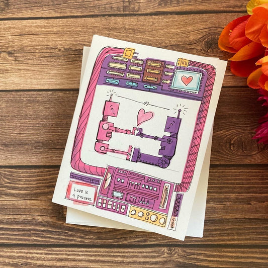LOVE - Robots Connection - Greeting Card for Them, Anniversary, Valentine's Day, eco-friendly notecards by Adriana Bergstrom (Adriprints)