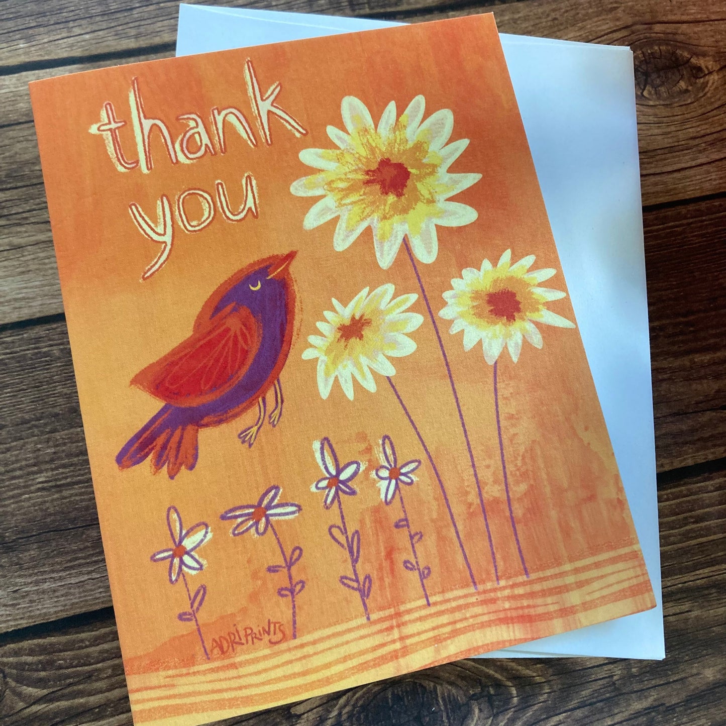 THANKS - Sunflower and Bird Thank You Card with envelope, appreciation, gratitude, stationery, art by Adriana Bergstrom (Adriprints)