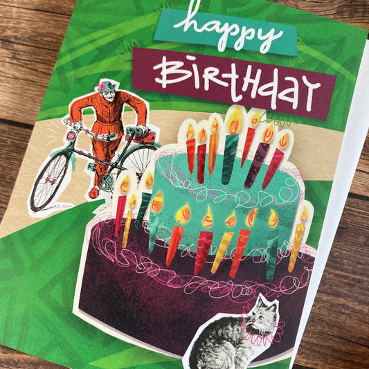 BIRTHDAY - Bike and Cat birthday card - featuring collage art by Adriana Bergstrom