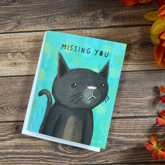 EVERYDAY - Miss You Cat Notecard featuring wistful grey cat art by Adriana Bergstrom