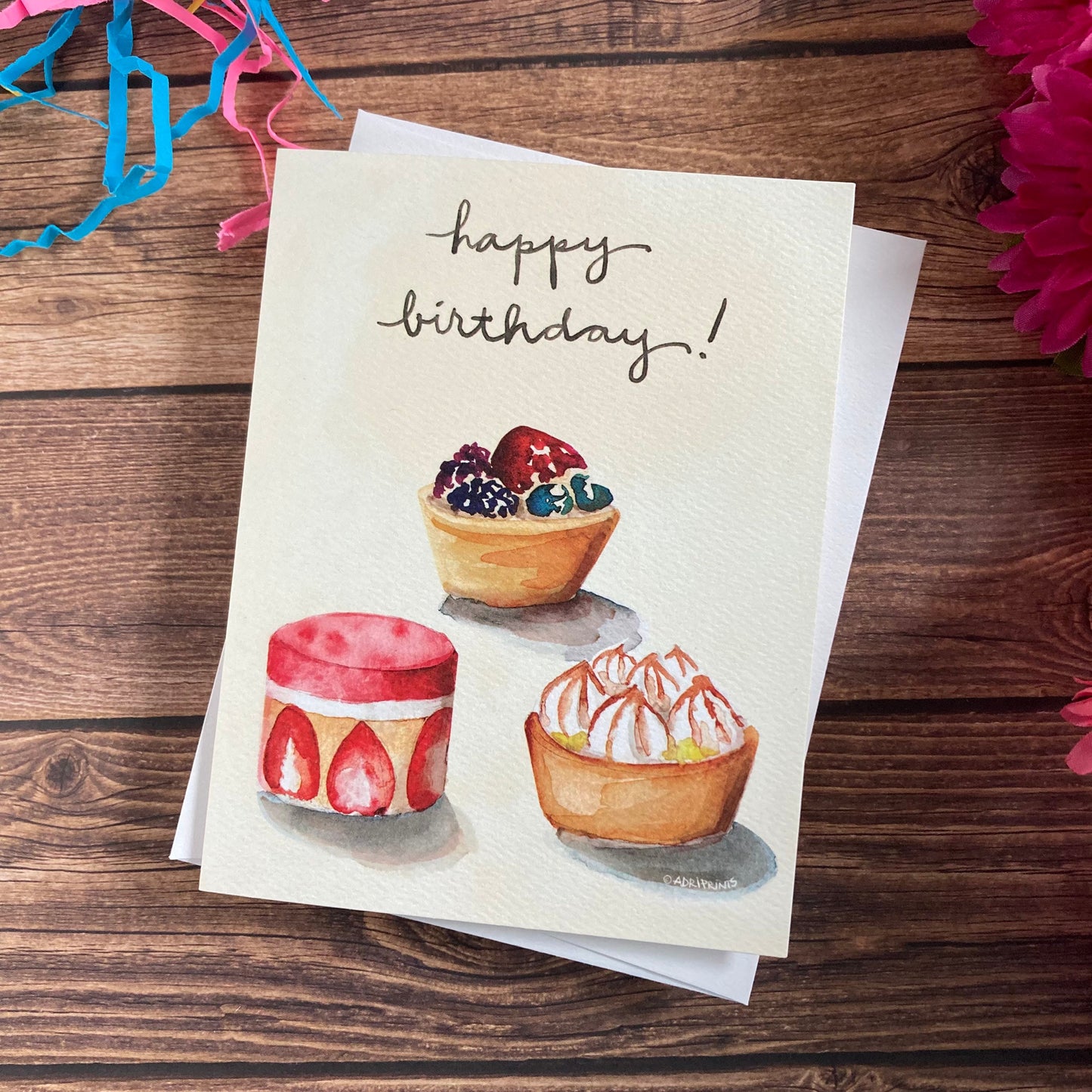 BIRTHDAY - Fruit Tarts Petit Fours Birthday card - watercolor art by Adriana Bergstrom