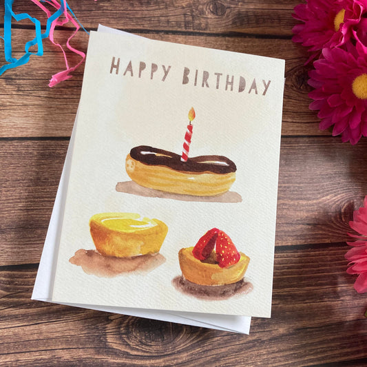 BIRTHDAY - Petit Fours Chocolate Eclair Birthday card - watercolor art by Adriana Bergstrom