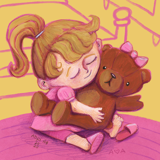 little girl comforted by teddy bear