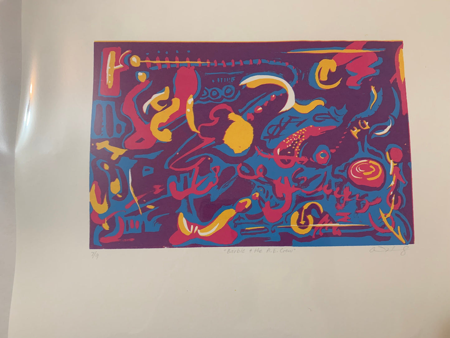 silkscreen of abstract shapes done in bright "barbie" colors