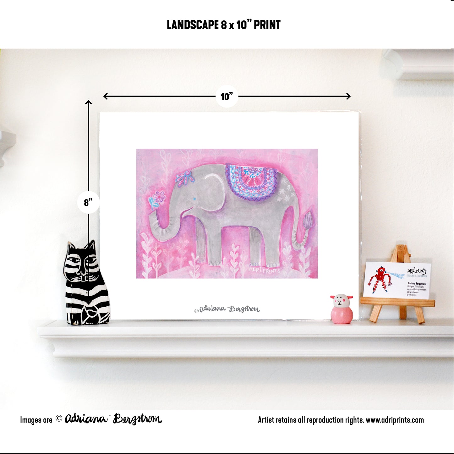 ART PRINT - Elephant with Pink Flower, art by Adriana Bergstrom
