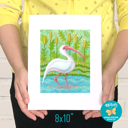 PRINT - Ibis Wading Bird, art print in various sizes featuring art by Adriana Bergstrom (Adriprints)