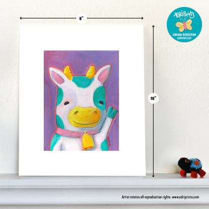 ART PRINT - Teal Spotted Cow on Purple ART PRINT in various sizes featuring original artwork by Adriana Bergstrom (Adriprints)