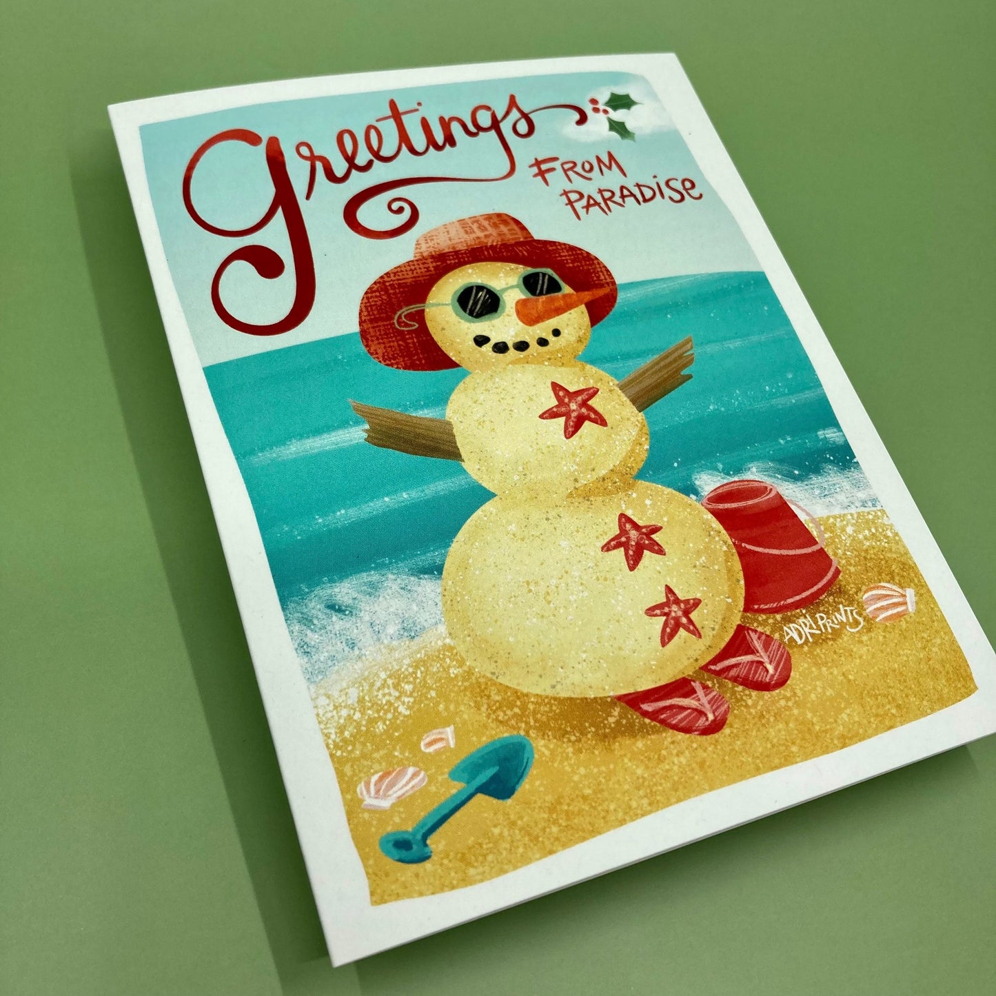 Sandy Snowman Greetings from Paradise, eco-friendly boxed cards 10 pack, art by Adriana Bergstrom