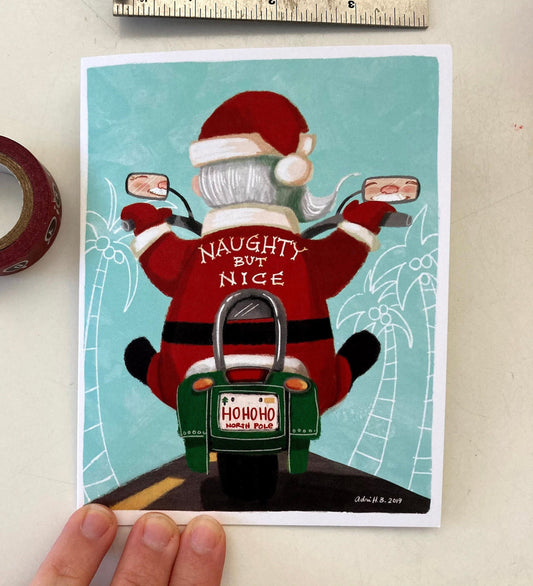 Santa on a Motorcycle eco-friendly greetings, boxed 10 pack card set, art by Adriana Bergstrom