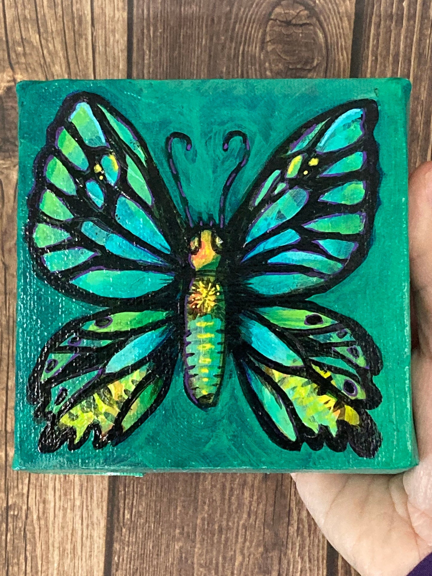 Butterfly on Teal 4"/10cm square mini original painting of a butterfly on a teal background, by Adriana Bergstrom