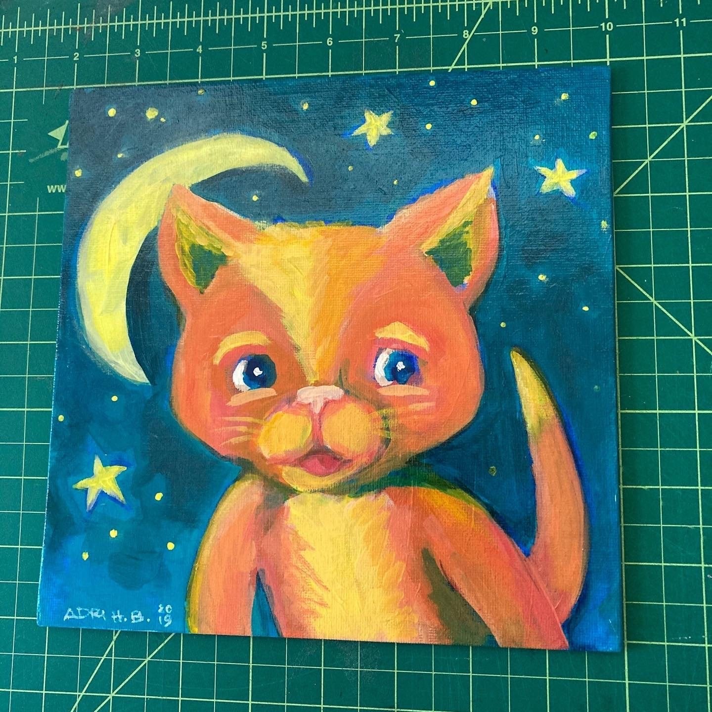 ART- Cat and the Moon, 8" x 8", acrylic on canvas board, by Adriana Bergstrom