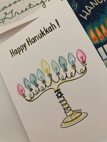 Happy Hanukkah Menorah, minimalist eco-friendly greetings, boxed 10 pack card set, art by Adriana Bergstrom