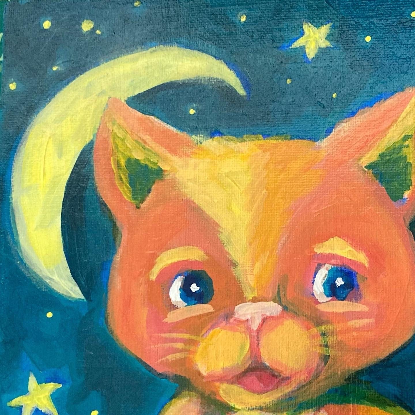 ART- Cat and the Moon, 8" x 8", acrylic on canvas board, by Adriana Bergstrom