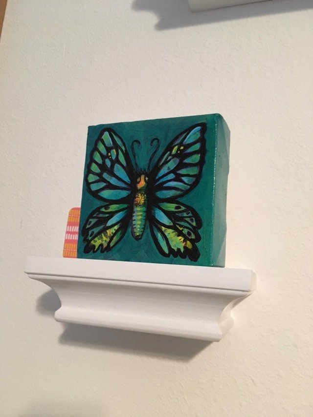 Butterfly on Teal 4"/10cm square mini original painting of a butterfly on a teal background, by Adriana Bergstrom