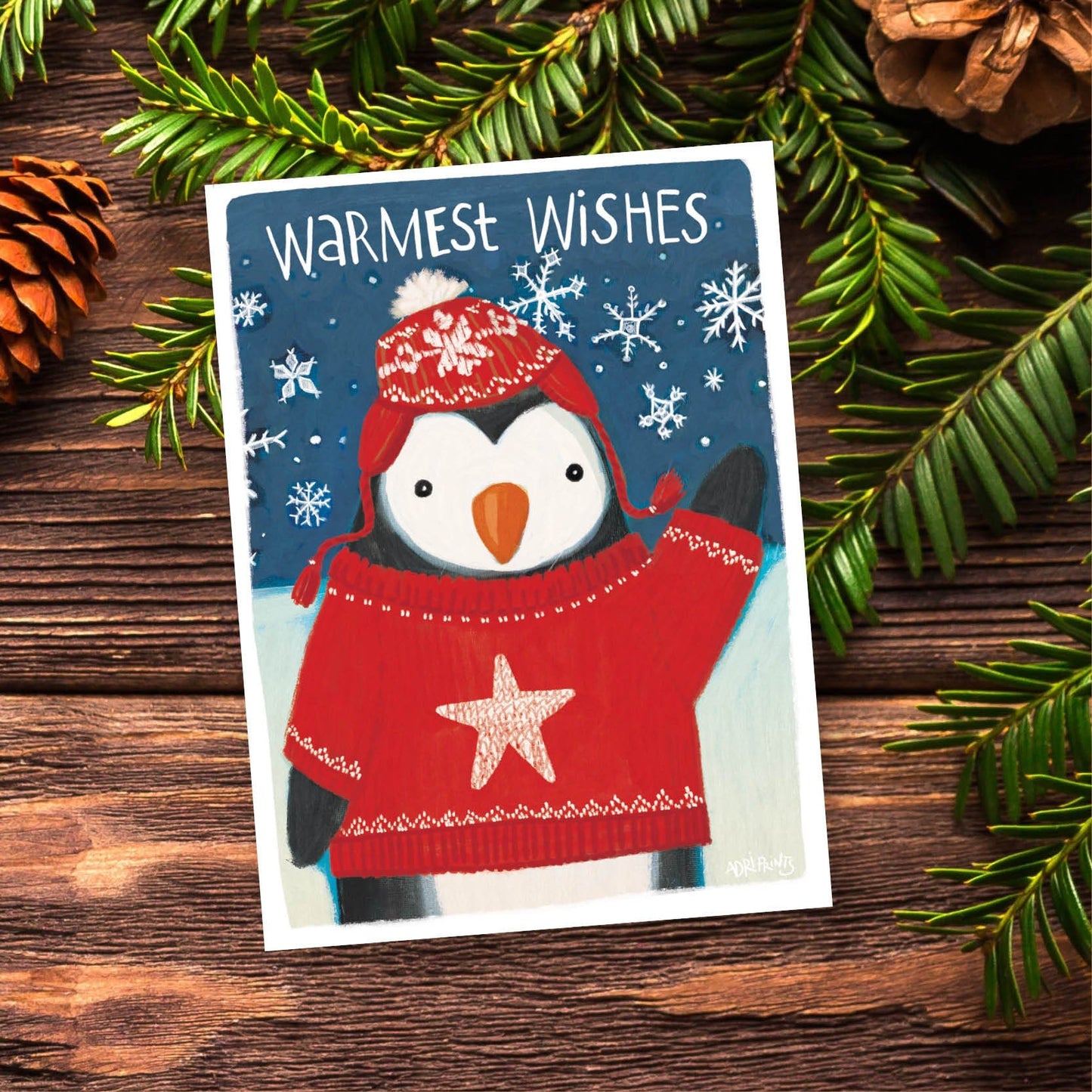 Penguin Warm Wishes, eco-friendly greetings, boxed 10 pack card set, art by Adriana Bergstrom