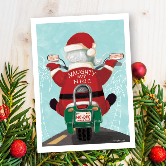 Santa on a Motorcycle eco-friendly greetings, boxed 10 pack card set, art by Adriana Bergstrom