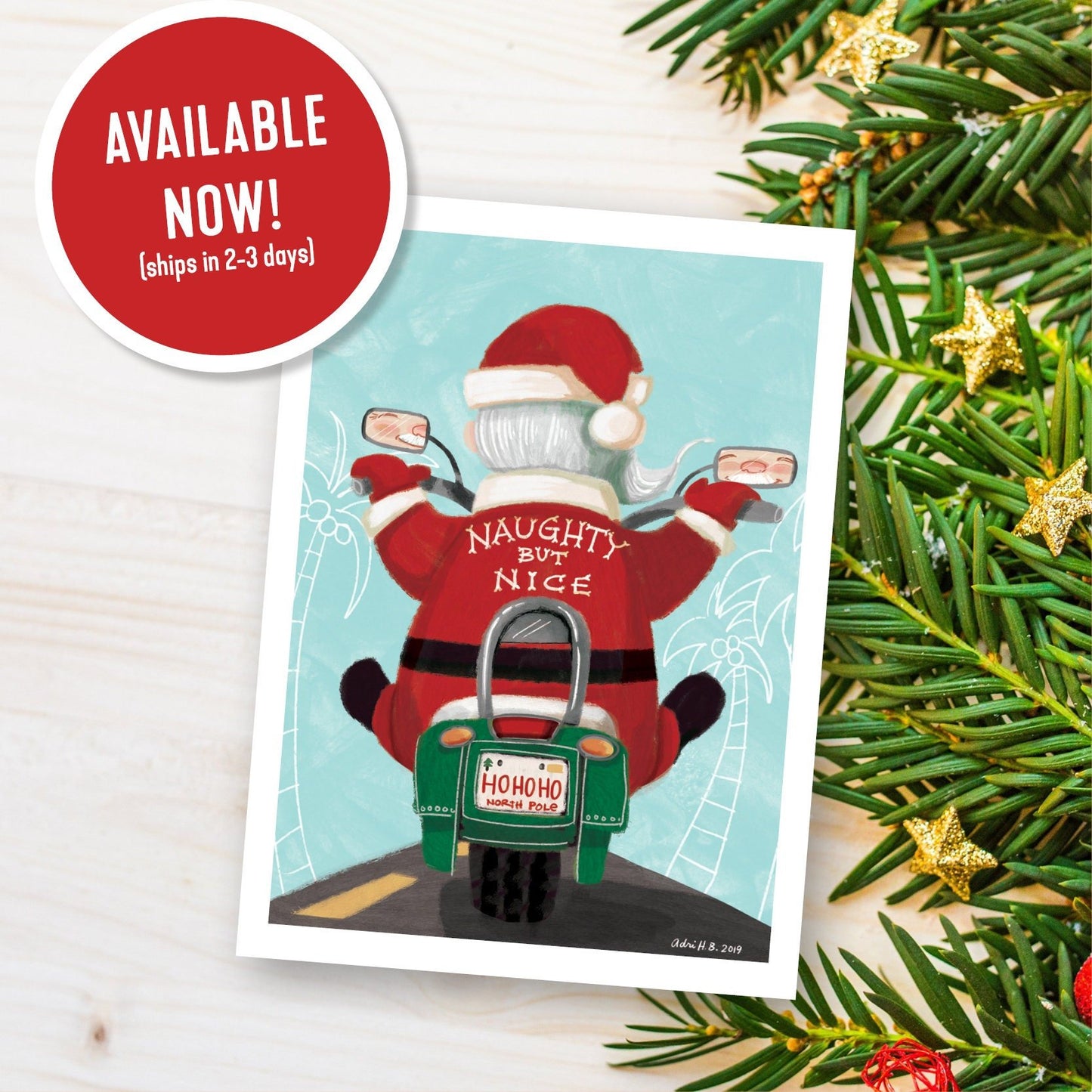 Santa on a Motorcycle eco-friendly greetings, boxed 10 pack card set, art by Adriana Bergstrom