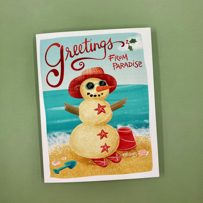Sandy Snowman Greetings from Paradise, eco-friendly boxed cards 10 pack, art by Adriana Bergstrom