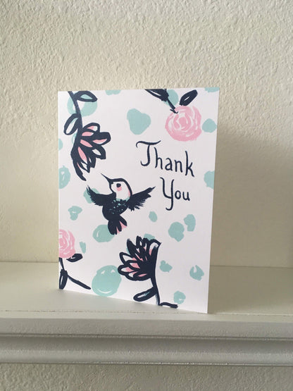 Navy and Pink Hummingbird Thank You notecard with envelope