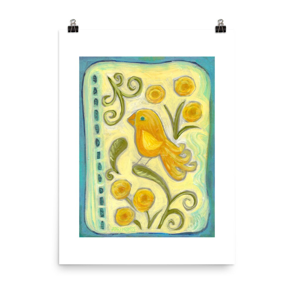 ART PRINT - Yellow Folk Art Bird print of painting by Adriana Bergstrom (Adriprints)
