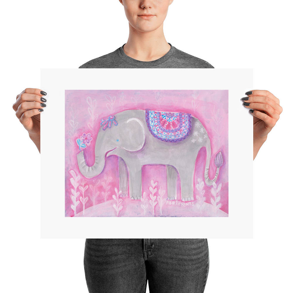 ART PRINT - Elephant with Pink Flower, art by Adriana Bergstrom