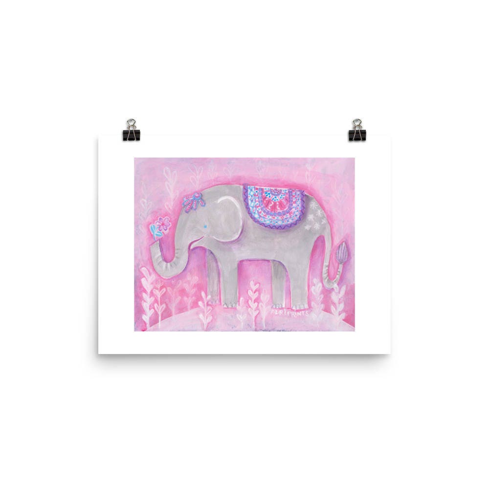 ART PRINT - Elephant with Pink Flower, art by Adriana Bergstrom