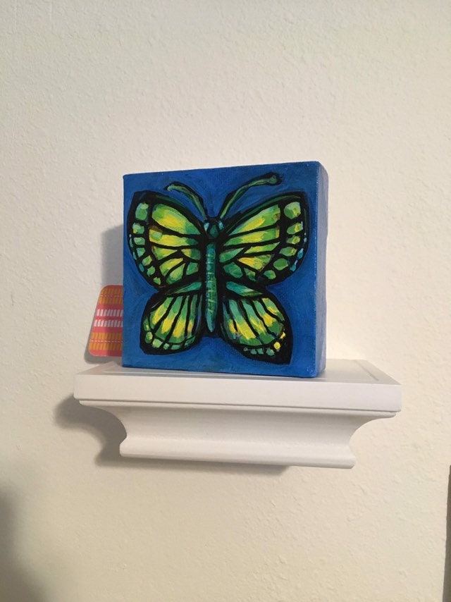 PAINTING- Butterfly on dark blue 4"/10cm square mini original painting of a butterfly w blue background, by Adriana Bergstrom