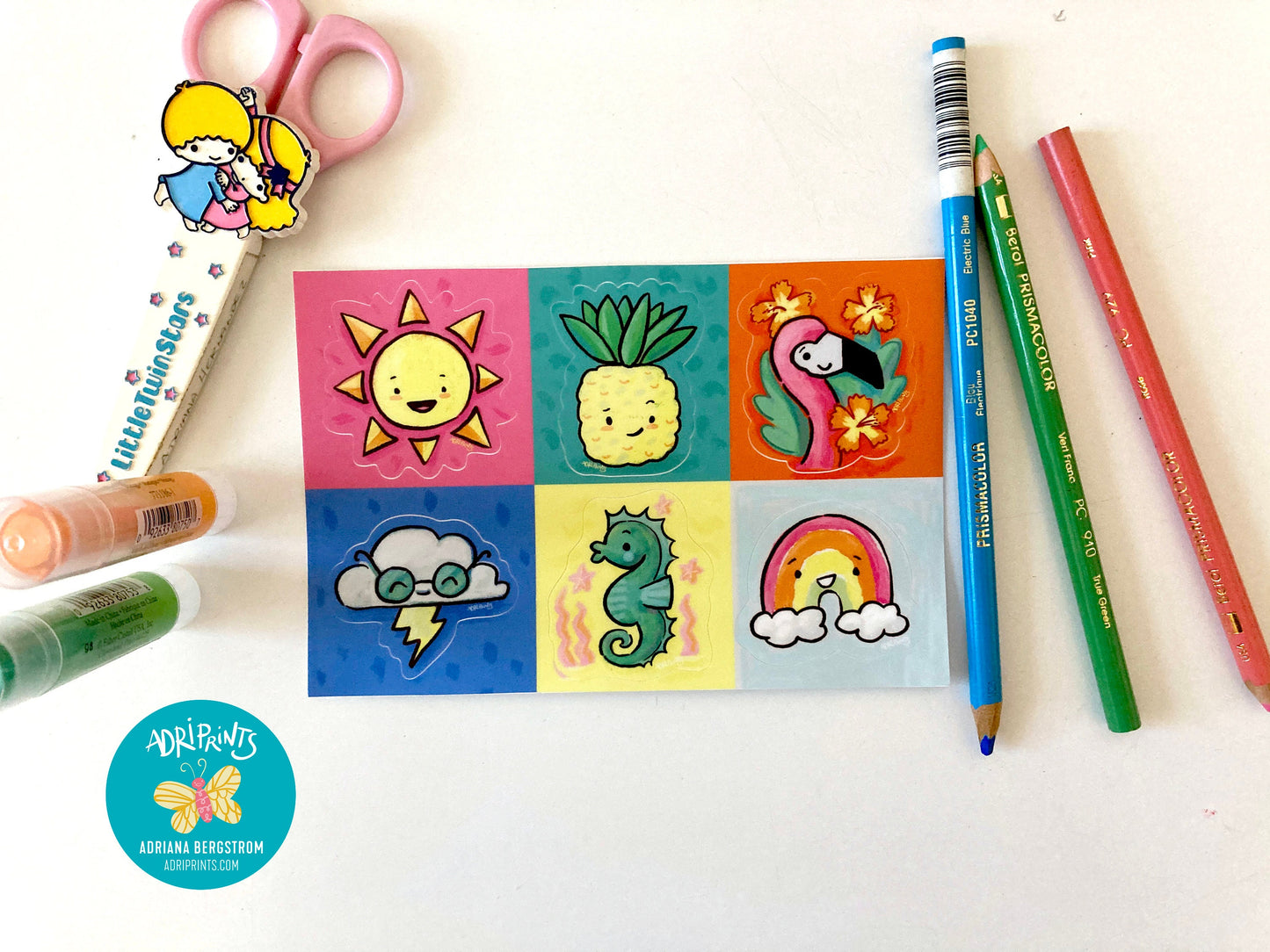 Tropical Sunshine Sticker Sheet, 6 stickers featuring art by Adriana Bergstrom (Adriprints)