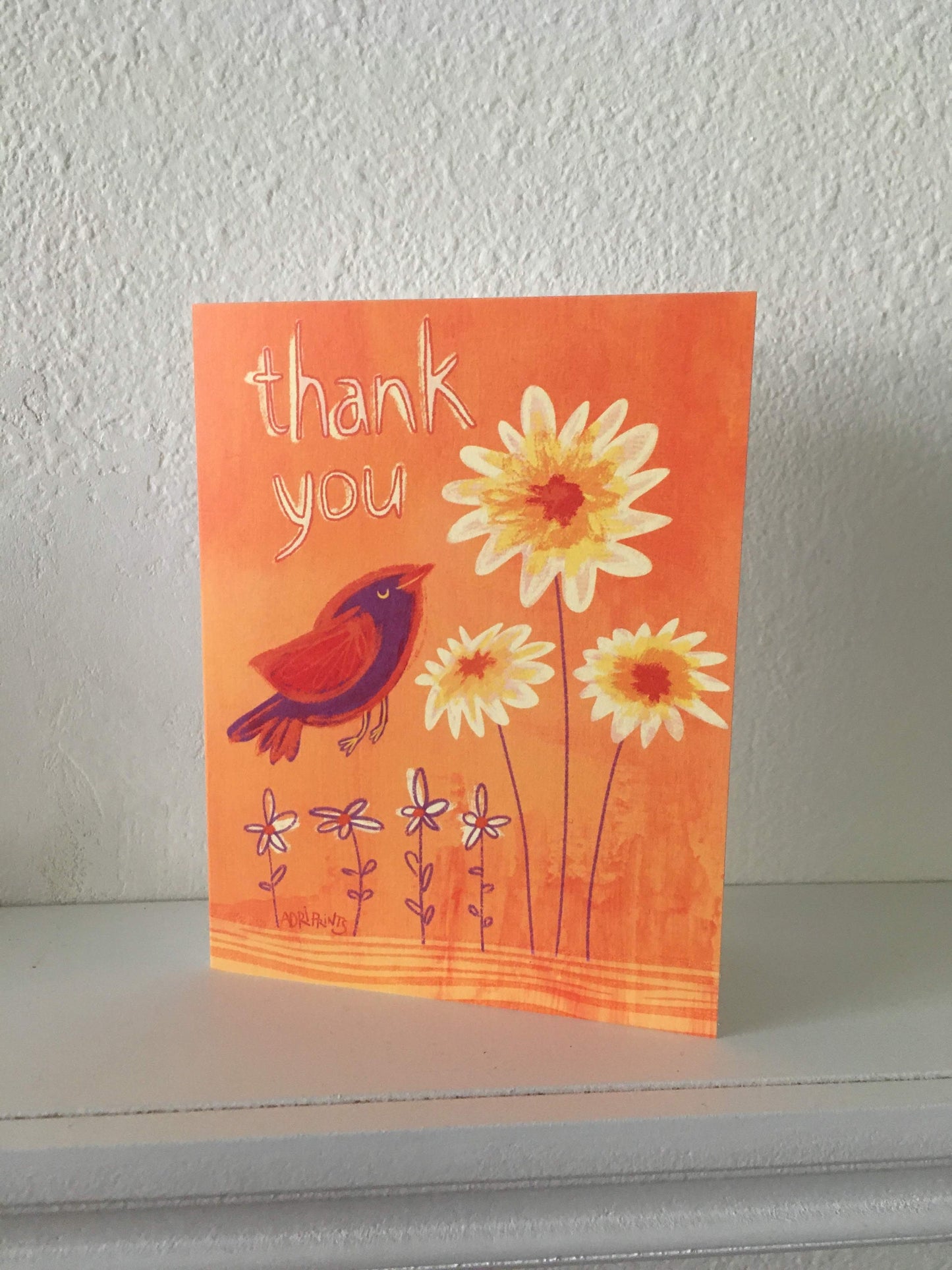THANKS - Sunflower and Bird Thank You Card with envelope, appreciation, gratitude, stationery, art by Adriana Bergstrom (Adriprints)