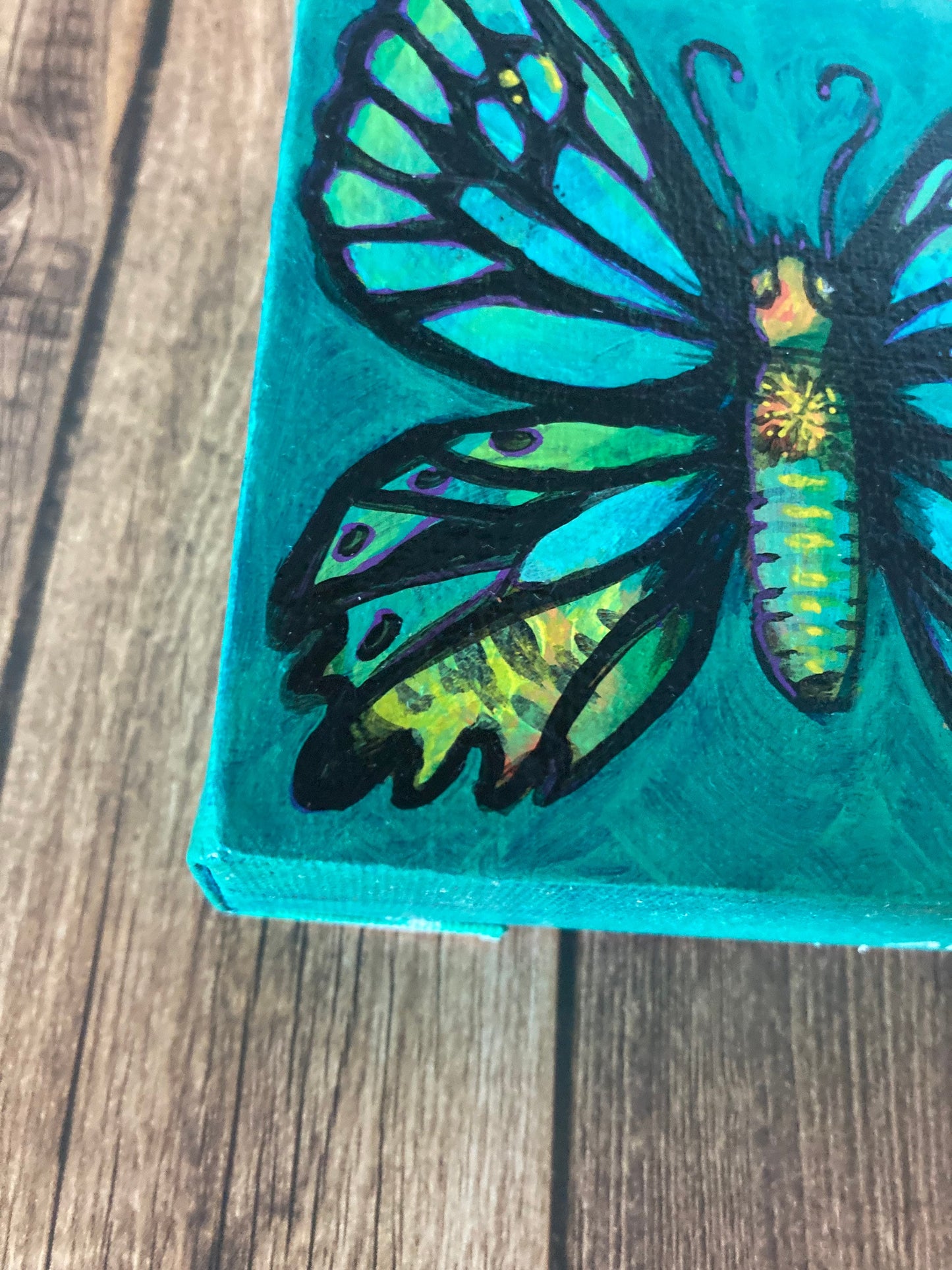 PAINTING- Butterfly on Teal 4"/10cm square mini original painting of a butterfly on a teal background, by Adriana Bergstrom